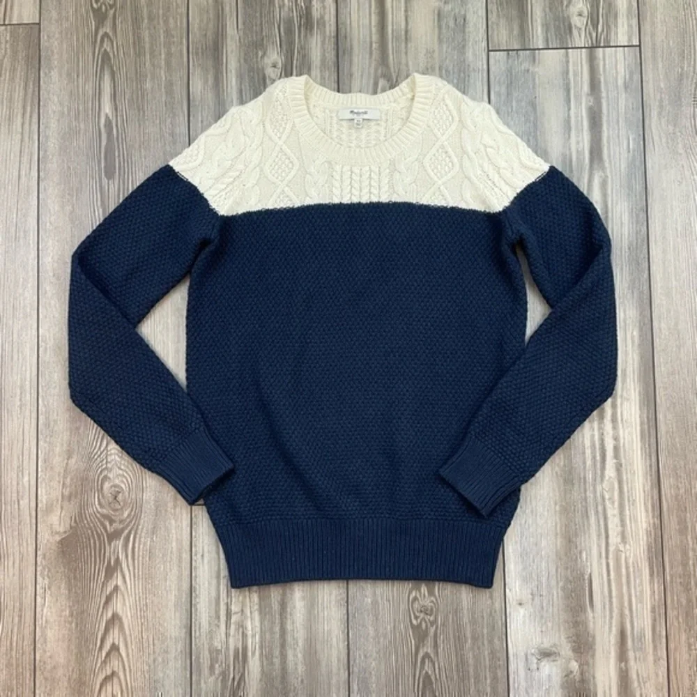 Madewell Cable Knit Sweater | Navy & Cream | Size XS